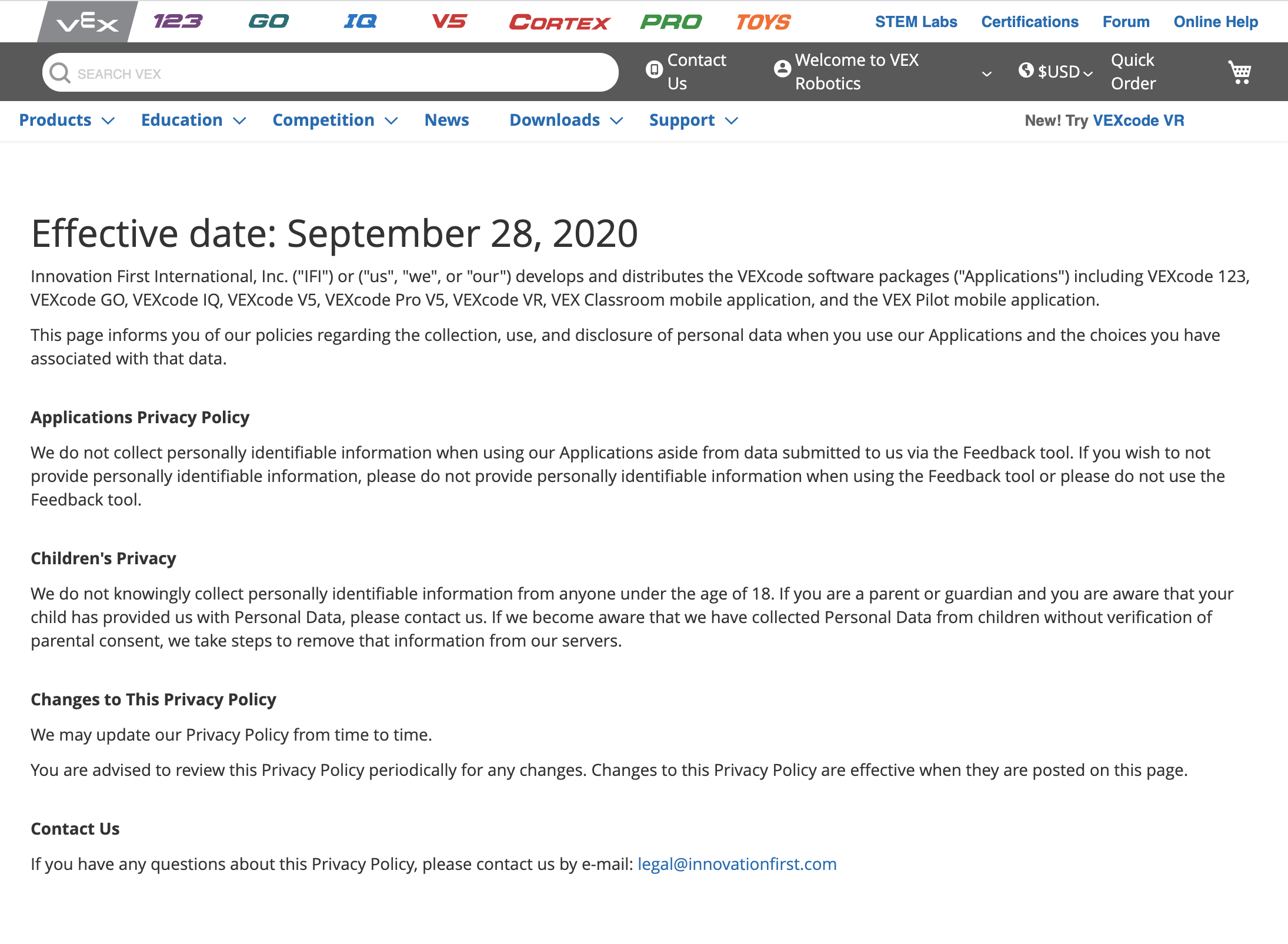 Screenshot della pagina dell'Informativa sulla privacy.