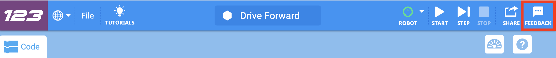 Barra de ferramentas do VEXcode 123 com o ícone Feedback destacado à direita do ícone Partilhar.