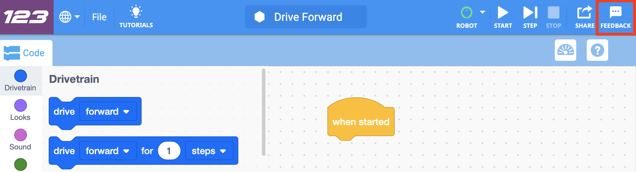 Barra de ferramentas do VEXcode 123 com o ícone Feedback destacado à direita do ícone Partilhar.