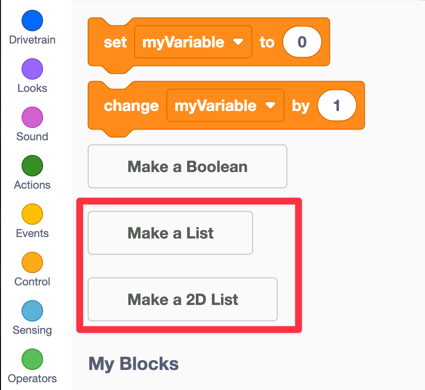 Boîte à outils dans VEXcode 123 avec la catégorie Variables affichée et les boutons Créer une liste et Créer une liste 2D en surbrillance.