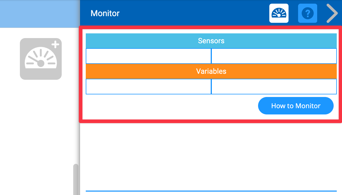 Otwarte zostaje menu konsoli monitora, a tabele danych czujników i zmiennych są podświetlone.