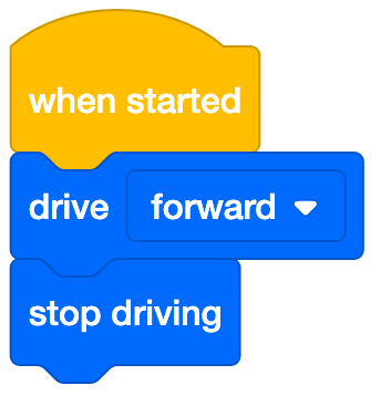 VEXcode 123 жобаны блоктайды, ол "When start" блогынан, "Drive forward" блогынан және Stop drive блогынан тұрады.