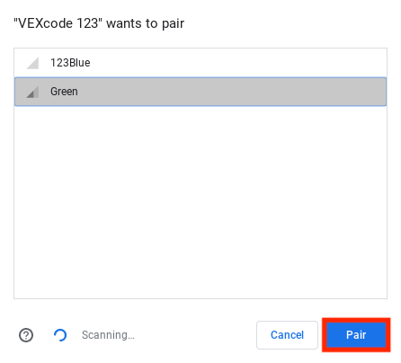123 로봇을 선택하여 연결할 수 있는 대화 상자가 열립니다. 로봇 하나가 선택되었고 아래의 페어링 버튼이 강조 표시되었습니다.