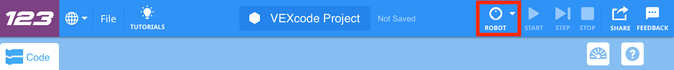 Панель инструментов VEXcode 123 со значком робота в красном поле слева от кнопки «Пуск».
