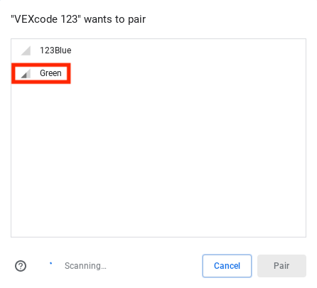 Откроется диалоговое окно для выбора робота 123 для подключения. Показаны два робота с разными именами, выделен тот, который назван Грин.