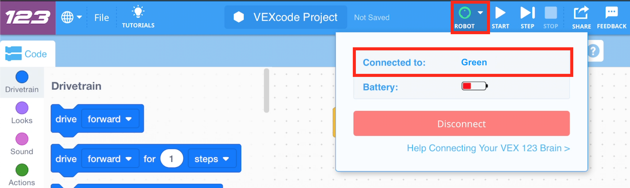 VEXcode 123 con un robot conectado y el menú desplegable Robot abierto. La etiqueta Conectado a muestra que el robot llamado Green está conectado.