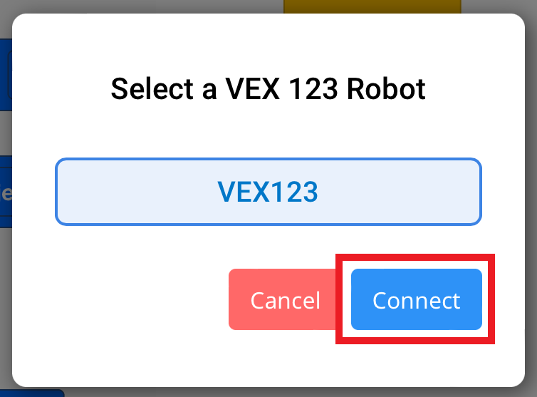 VEXcode 123, jossa on avattu valintaikkuna, jossa valitaan 123 robotti, johon yhdistetään. 123 Robot on valittu, ja alla oleva Yhdistä-painike on korostettu.