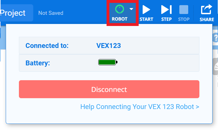 로봇이 연결되었음을 나타내는 도구 모음에 녹색 로봇 아이콘이 있는 VEXcode 123.