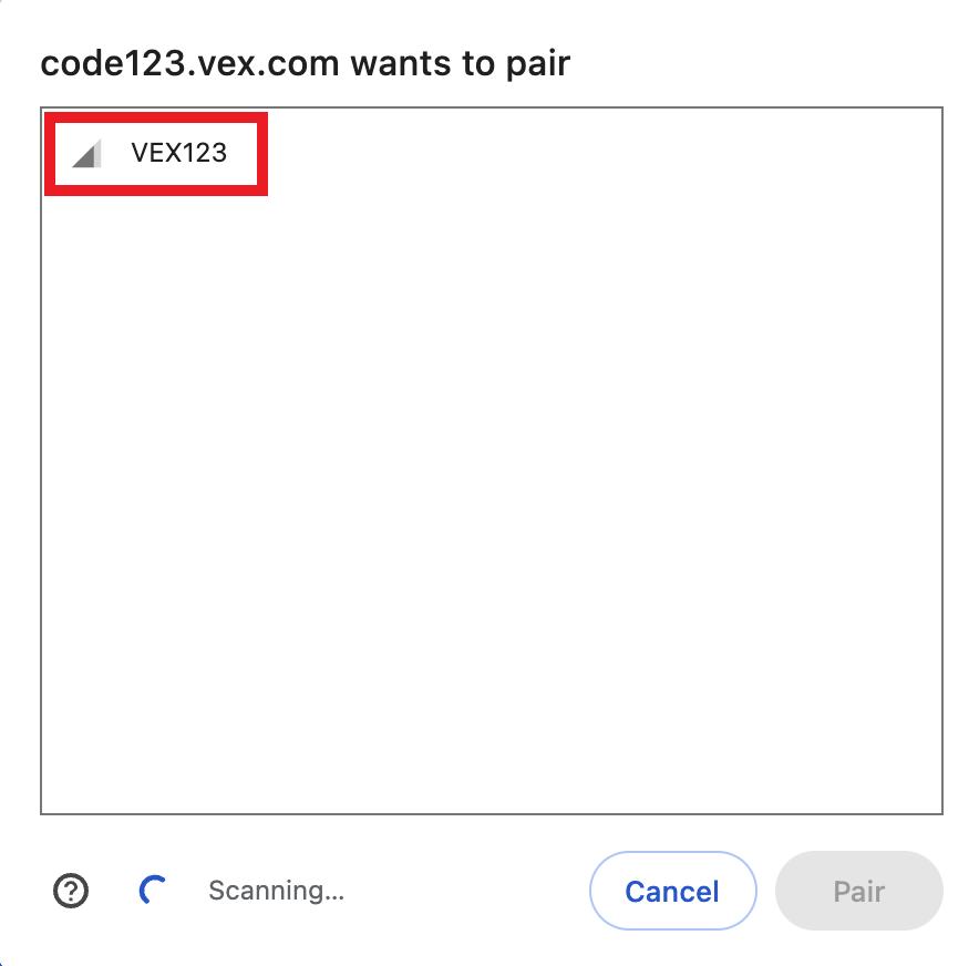 Откроется диалоговое окно для выбора робота 123 для подключения. В списке отображается один робот 123, и он выделен.