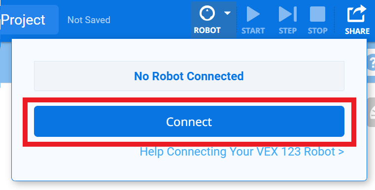 VEXcode 123 con il menu a discesa Robot aperto e il pulsante Connetti evidenziato.