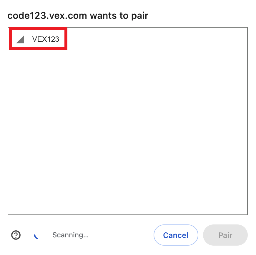 Kotak dialog terbuka untuk memilih Robot 123 yang akan dihubungkan. Satu Robot 123 ditampilkan dalam daftar dan disorot.