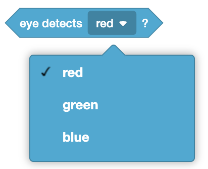 VEXcode 123 रंग ब्लॉक का पता लगाता है जिसमें लिखा है कि आँख लाल रंग का पता लगाती है? रंग ड्रॉपडाउन मेनू यह इंगित करने के लिए खोला जाता है कि इसका उपयोग रंग मान बदलने के लिए किया जा सकता है।