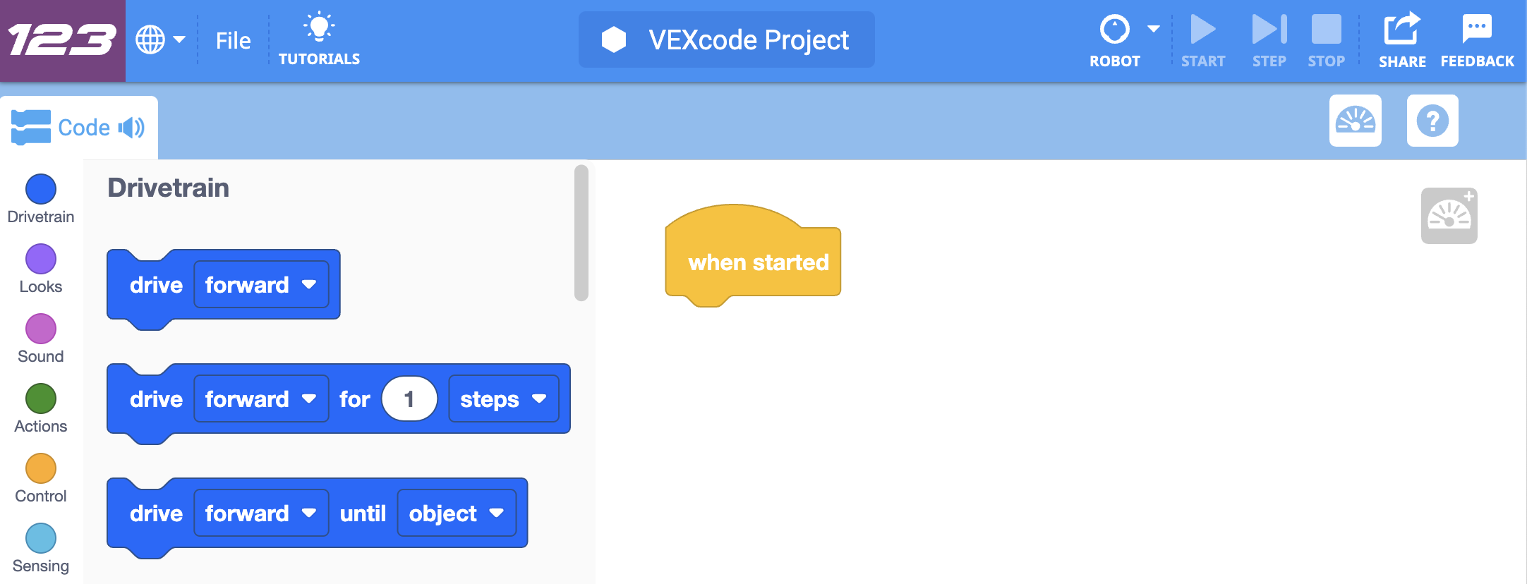 रिक्त परियोजना के साथ VEXcode 123 अनुप्रयोग कार्यक्षेत्र।
