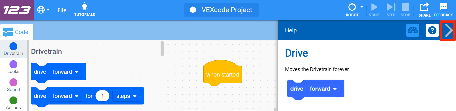 VEXcode 123의 도움말 메뉴가 열려 있고 오른쪽에 있는 메뉴 닫기 화살표가 강조 표시되어 있습니다.