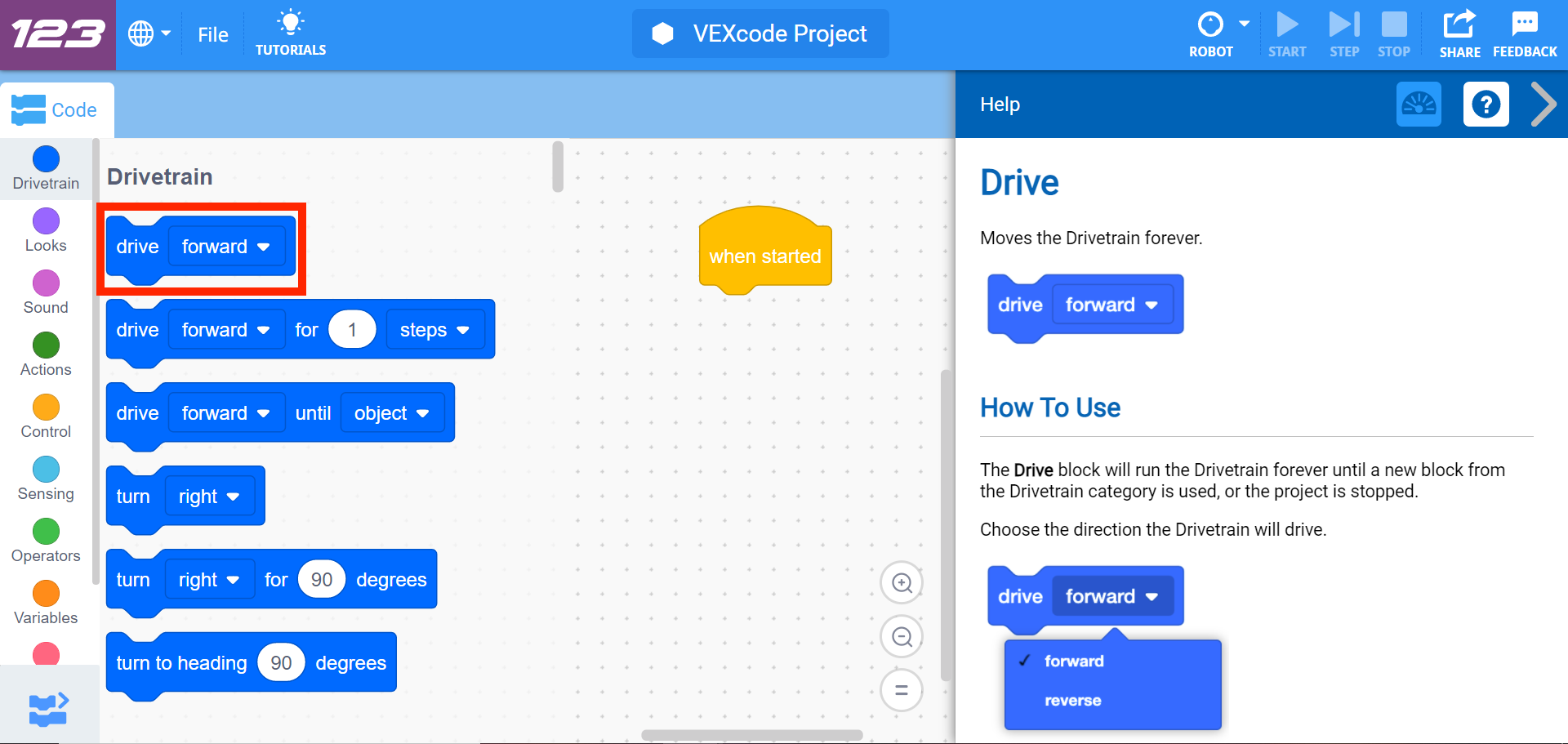VEXcode 123 con el menú Ayuda abierto y el bloque Drive seleccionado. Las descripciones del bloque y cómo se puede usar se muestran junto con imágenes de usos de ejemplo.