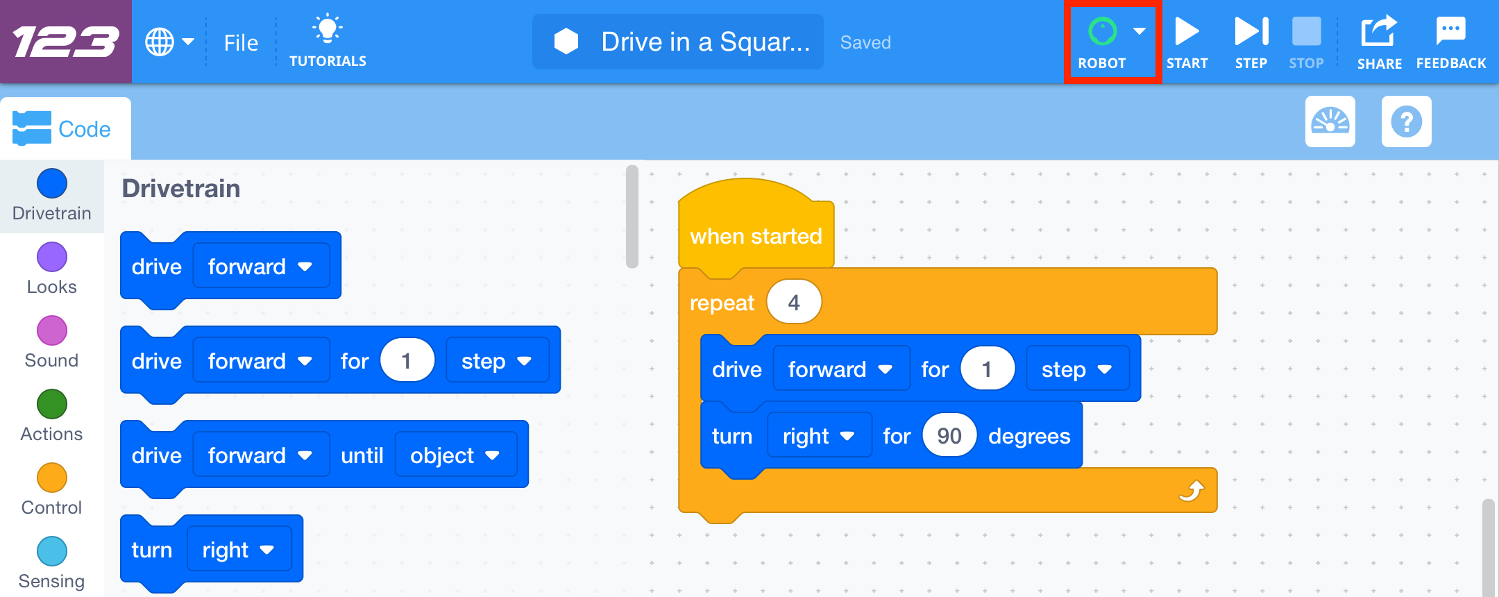 Bilah Alat VEXcode 123 dengan ikon Robot disorot di sebelah kiri ikon Mulai.
