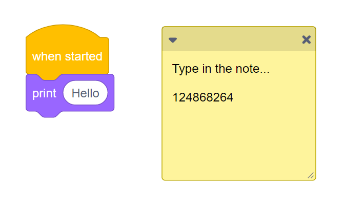VEXcode 123 ওয়ার্কস্পেসে "Type" লেখাটি সহ নোট যোগ করা হয়েছে। সংখ্যা এবং প্রতীকগুলিও লেখা যেতে পারে তা দেখানোর জন্য নীচে এলোমেলো সংখ্যা দেওয়া হল।
