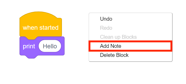 Menu contextuel de l'espace de travail VEXcode 123 avec l'option Ajouter une note en surbrillance. Ajouter une note est la quatrième option du menu, sous Annuler, Rétablir et Nettoyer les blocs.