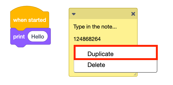Notez dans l'espace de travail VEXcode 123 avec son menu contextuel ouvert et l'option Dupliquer en surbrillance. Dupliquer est la première option du menu.
