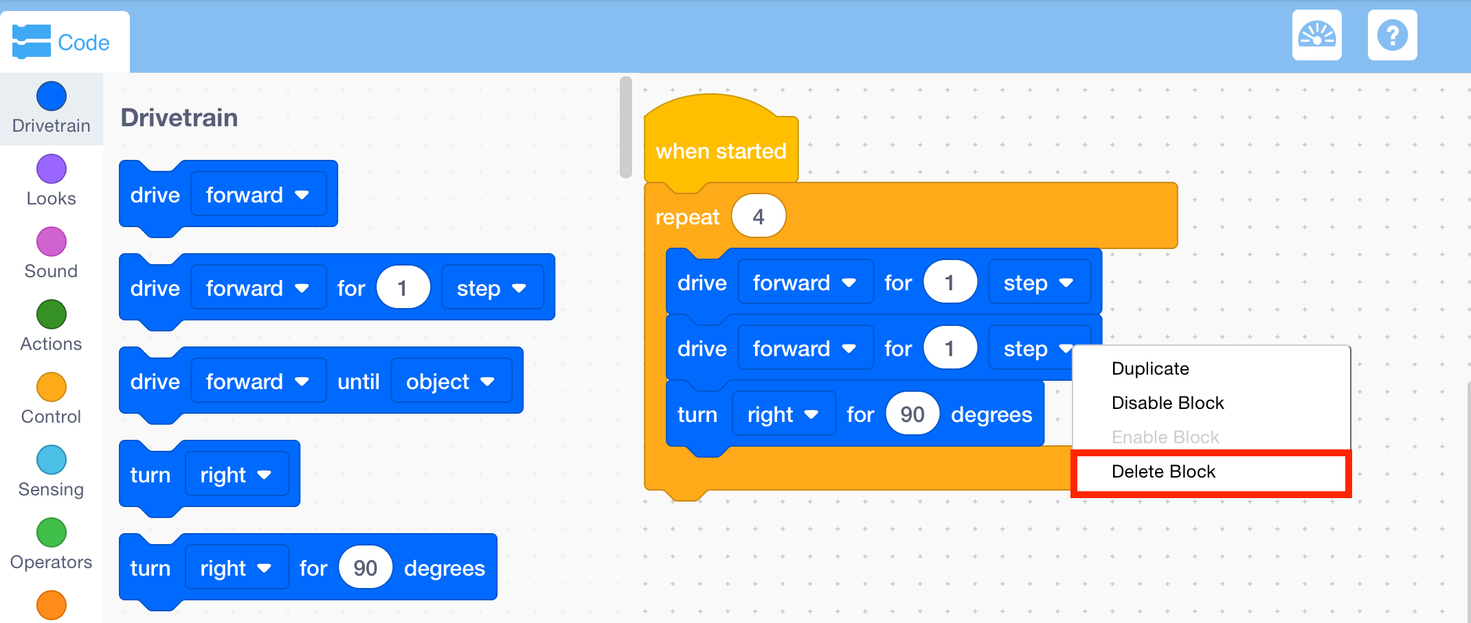 Espace de travail VEXcode 123 avec le menu contextuel d'un bloc ouvert et l'option Supprimer le bloc en surbrillance.