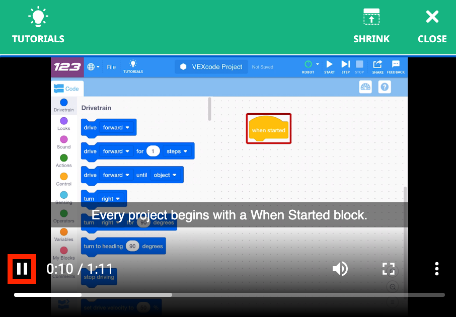 De instructievideo 'Aan de slag' is geopend en wordt afgespeeld. Het pictogram voor het pauzeren van de video linksonder is gemarkeerd.