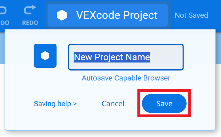 Menu Nama Proyek VEXcode 123 terbuka, tempat nama dapat diubah. Tombol Simpan di bawah disorot.