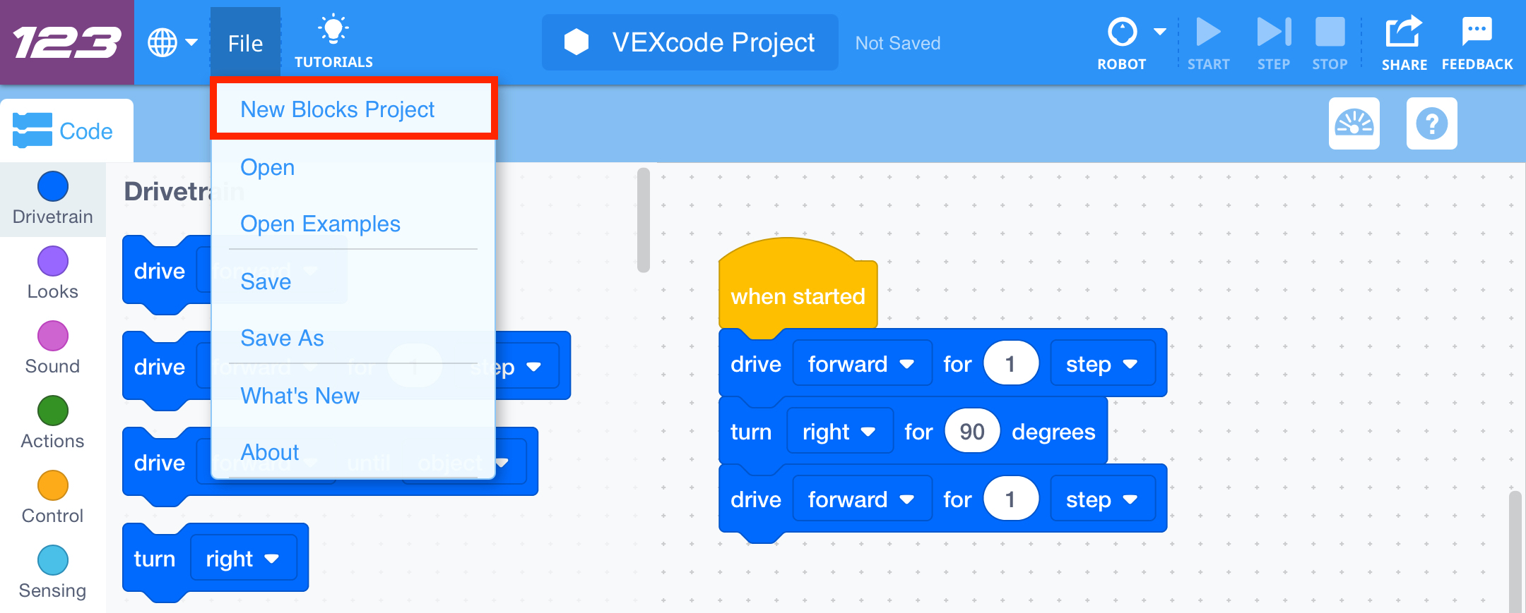 VEXcode 123 ツールバーで、[ファイル] メニューが開き、[新しいブロック プロジェクト] オプションが強調表示されています。 「新しいブロック プロジェクト」はメニューの最初のオプションです。