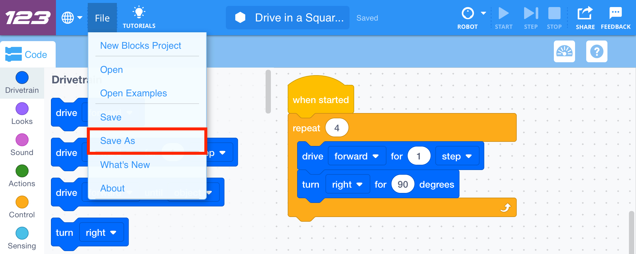 Barre d'outils VEXcode 123 avec le menu Fichier ouvert et l'option Enregistrer sous en surbrillance. Enregistrer sous est la cinquième option du menu, sous Nouveau projet de blocs, Ouvrir, Ouvrir des exemples et Enregistrer.