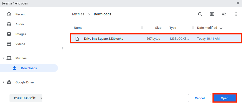 Proyek VEXcode 123 yang disimpan sebelumnya dapat terlihat dari file perangkat dan disorot.