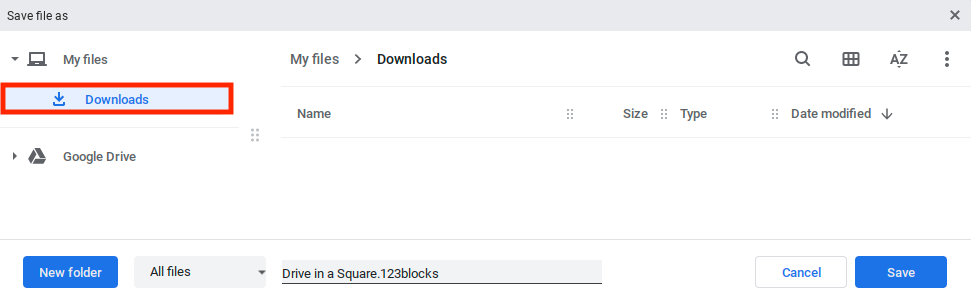 Nút thư mục Tải xuống trong menu Tệp Chromebook được tô sáng.