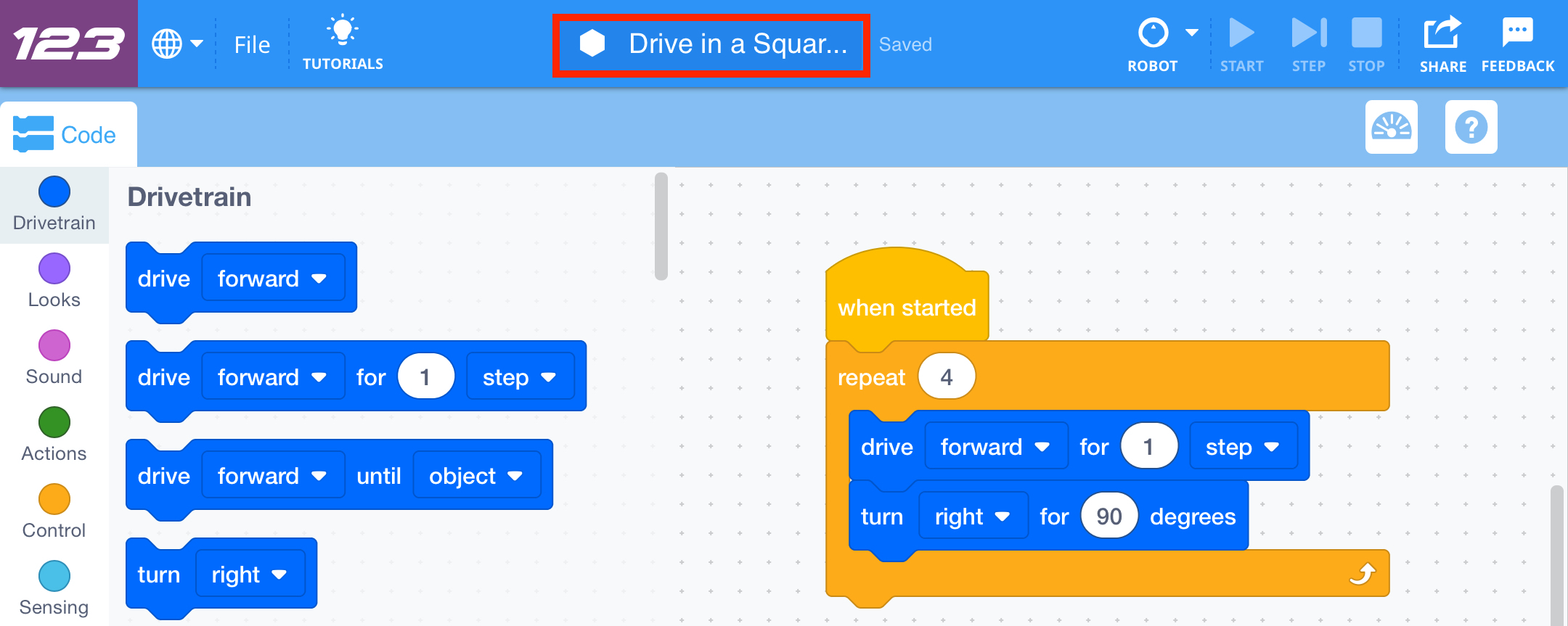 O VEXcode 123 com um projeto Blocks guardado anteriormente foi aberto com sucesso. O nome do projeto é destacado para mostrar que foi atualizado.