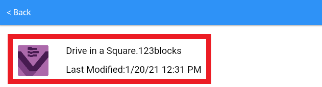 পূর্বে সংরক্ষিত VEXcode 123 প্রকল্পটি ডিভাইসের ফাইল থেকে দৃশ্যমান এবং হাইলাইট করা হয়।