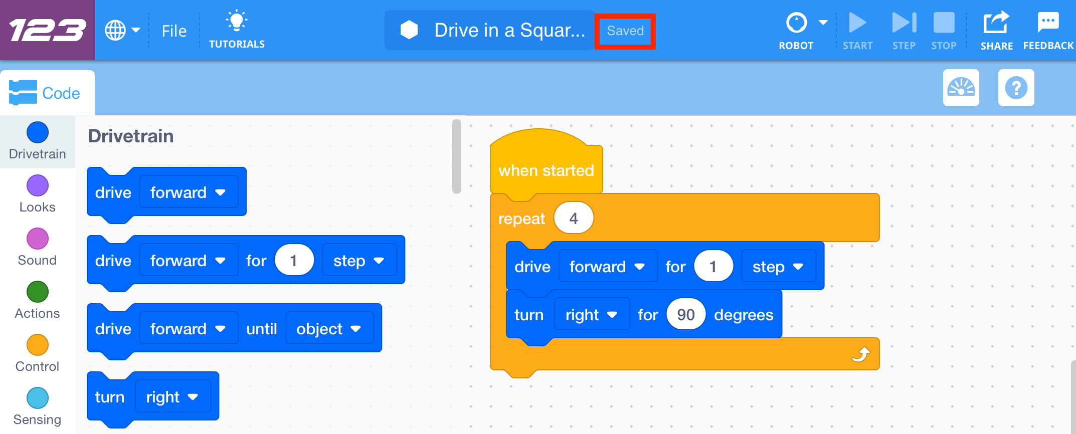 Панель інструментів VEXcode 123 із полем назви проекту змінено на Drive in a Square. Мітка праворуч виділена та читається як Збережено.