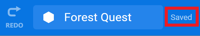 Pasek narzędzi VEXcode 123 z polem nazwy projektu zmienionym na Forest Quest. Etykieta po prawej stronie jest podświetlona i widnieje na niej napis Zapisano.