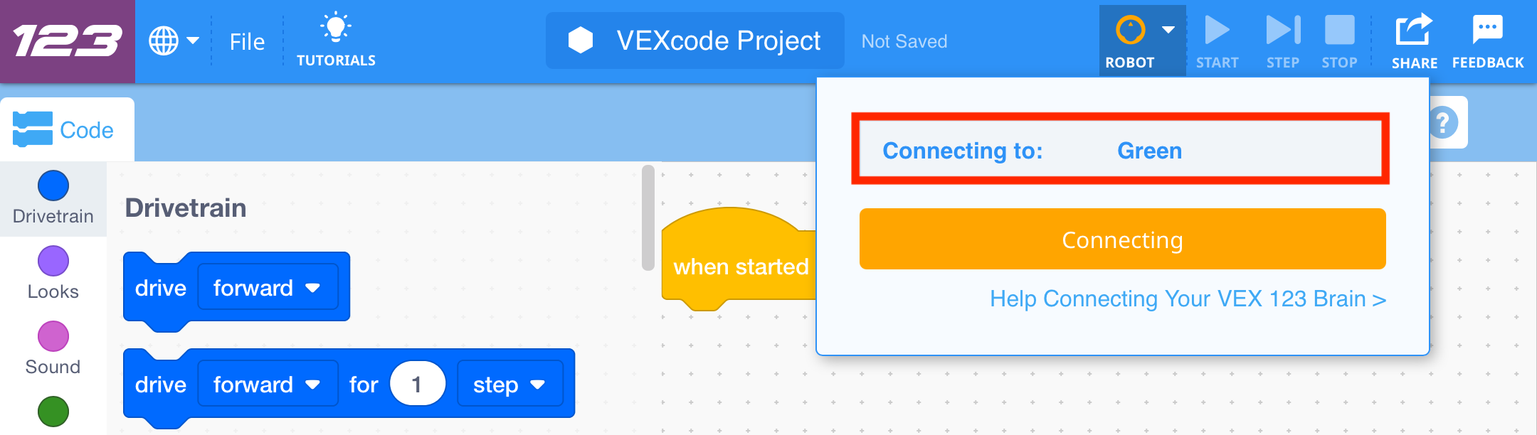 VEXcode 123 Роботтың VEXcode 123 қолданбасына қосылып жатқанын көрсететін қызғылт сары робот белгішесі бар құралдар тақтасы.