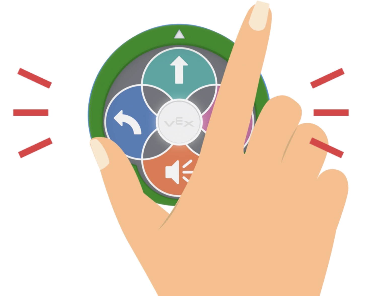 123 Robots の「Push to Wake」機能の図。手でロボットを前方に押すと、ロボットがチャイムを鳴らして電源がオンになったことを示します。