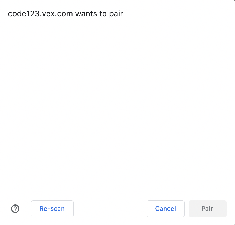 Box interfaccia di connessione Bluetooth che non è riuscito a connettersi a un robot 123. Nella finestra di dialogo è presente il messaggio code123.vex.com vuole effettuare l'associazione. In basso si trovano il pulsante Annulla e il pulsante Associa disattivato.