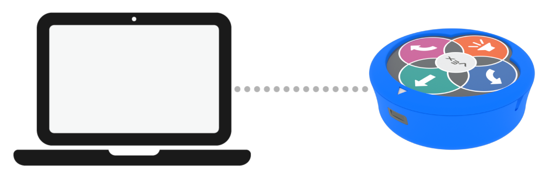 Diagram komputer laptop dan Robot 123 dengan garis putus-putus di antara keduanya untuk menunjukkan jangkauan Bluetooth.