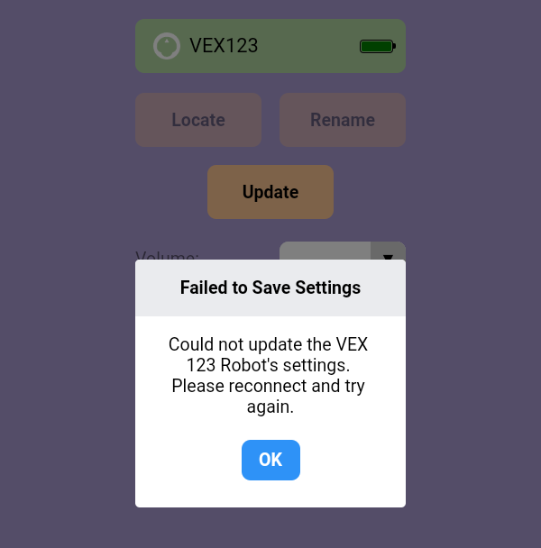 A VEX Classroom App hibaüzenet: Nem sikerült elmenteni a beállításokat, nem sikerült frissíteni a VEX 123 robot beállításait. Kérjük, csatlakozzon újra, és próbálja újra. A prompt alatt egy kék OK gomb található.