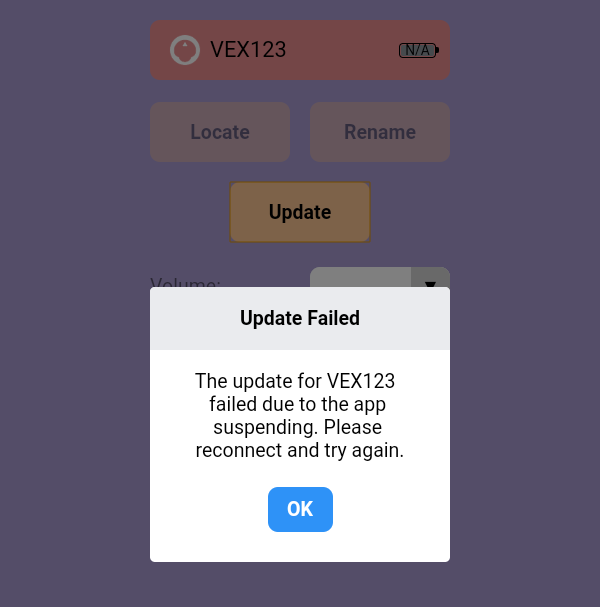 VEX Classroom 앱에 업데이트 실패라는 오류 메시지가 표시됩니다. 앱이 중단되어 VEX 123 업데이트에 실패했습니다. 다시 연결하여 시도해 보세요. 프롬프트 아래에 파란색 확인 버튼이 있습니다.