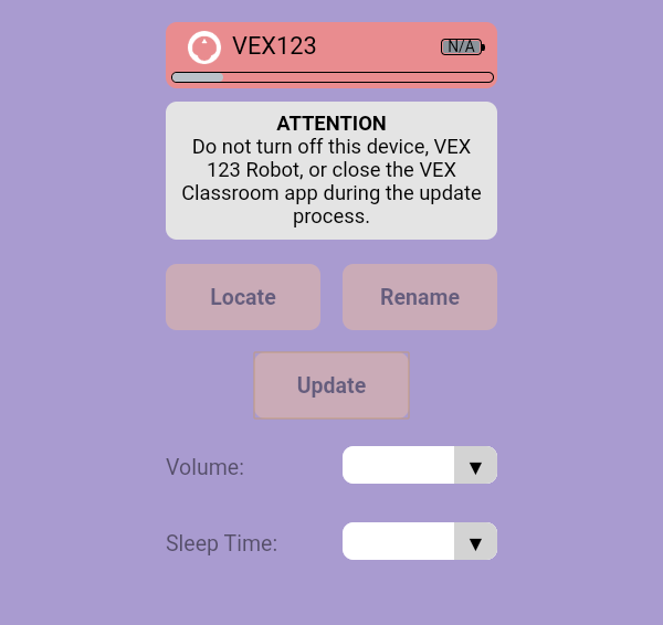 Aplikacja VEX Classroom z nieaktualnym menu robota 123 została otwarta, a pod nazwą robota pojawił się pasek postępu informujący o aktualizacji. Przyciski opcji są wyszarzone, aby wskazać, że do czasu zakończenia aktualizacji nie można wejść w interakcję z robotem.