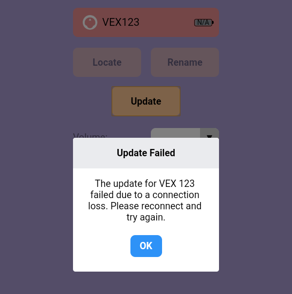 Programos „VEX Classroom“ klaidos raginimas, kuriame rašoma „Atnaujinti nepavyko“, „VEX 123“ naujinimas nepavyko dėl ryšio praradimo. Prisijunkite iš naujo ir bandykite dar kartą. Raginame apačioje yra mėlynas mygtukas Gerai.