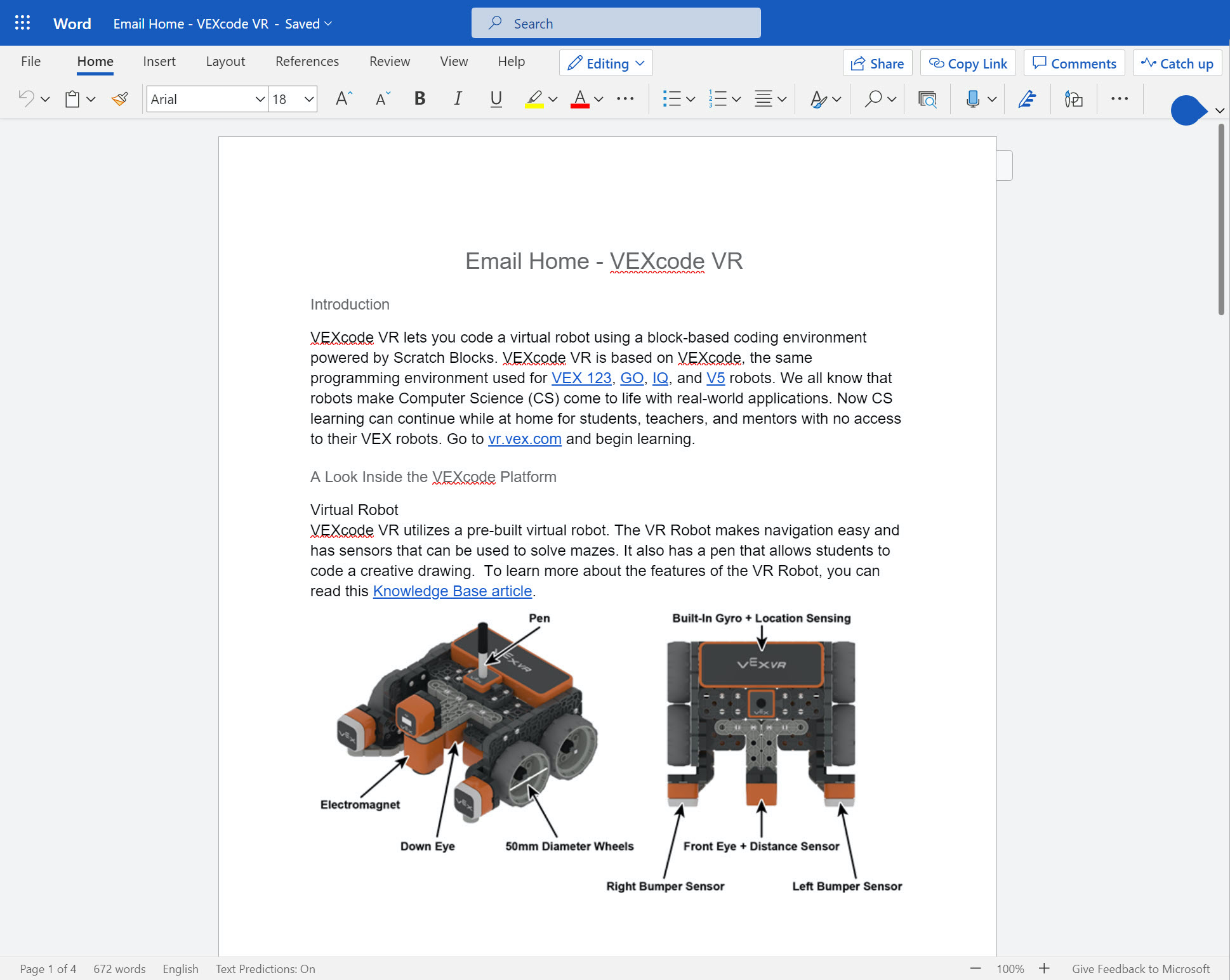 Schermata della home page dell'e-mail di VEX Robotics, contenente risorse didattiche per gli insegnanti, tra cui link ad articoli e strumenti per migliorare l'apprendimento STEM.