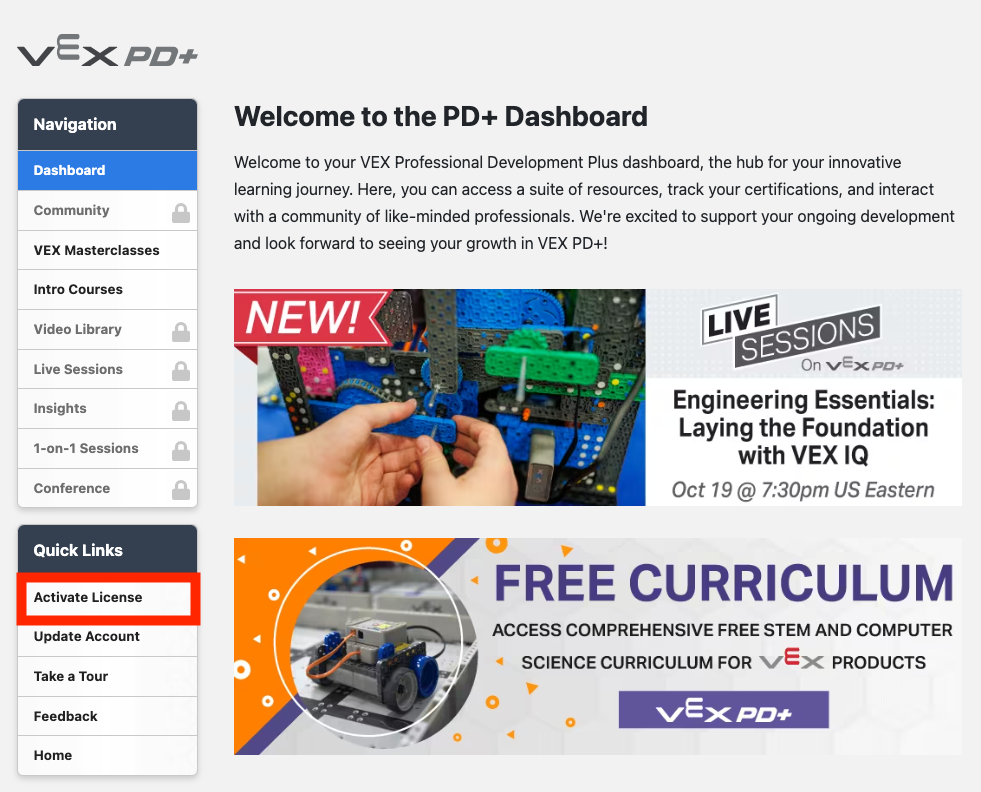 VEX 교육 자료를 사용하기 시작하는 단계를 보여주는 다이어그램으로, 사용자가 자료를 효과적으로 탐색할 수 있도록 레이블이 붙은 섹션과 시각적 보조 자료를 제공합니다.
