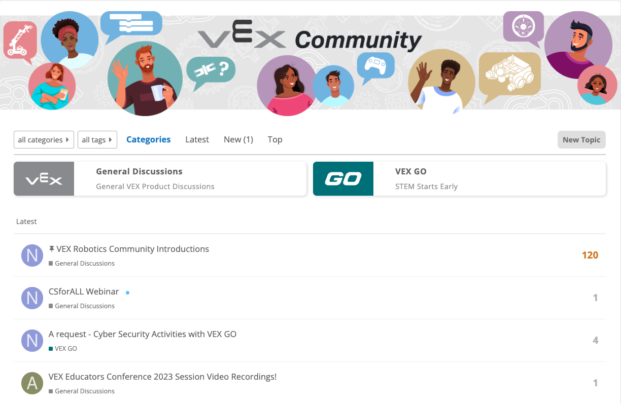 Descripción general de los recursos educativos de VEX, que muestran diversas herramientas y materiales educativos diseñados para aprender y enseñar conceptos de robótica.