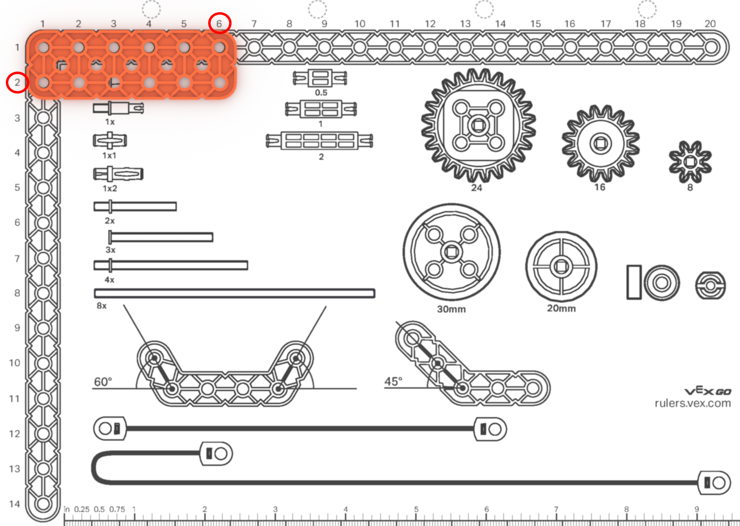 Immagine di un righello VEX che misura una trave 2x6, che mostra le dimensioni per scopi didattici in robotica e ingegneria.