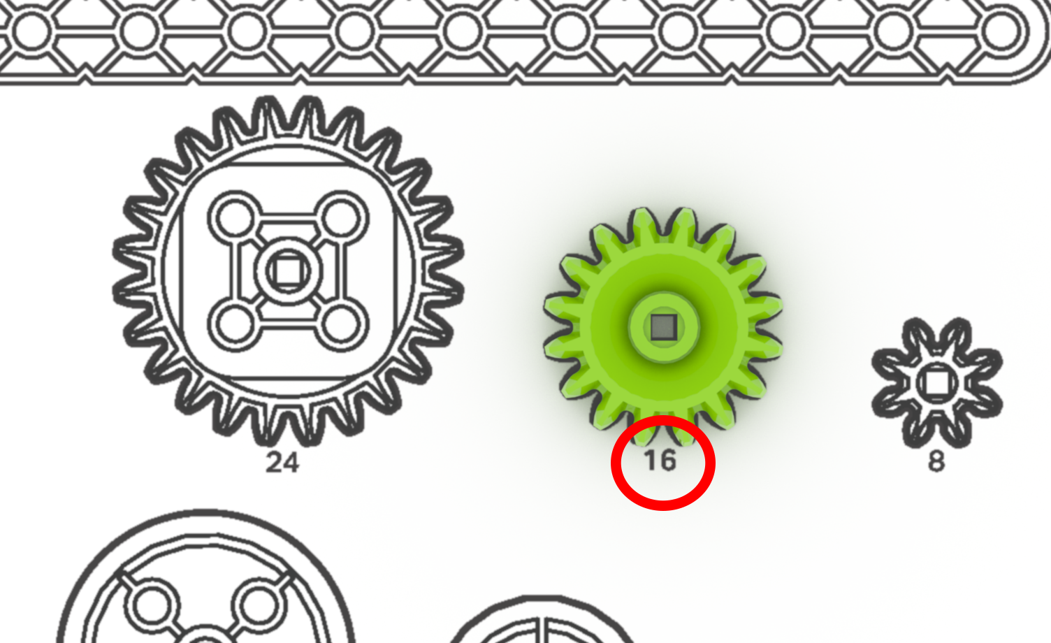 Ilustración de una regla de engranaje de 16 dientes utilizada en la educación robótica VEX, que muestra marcas de medición y alineación de engranajes para mediciones precisas en proyectos de ingeniería.