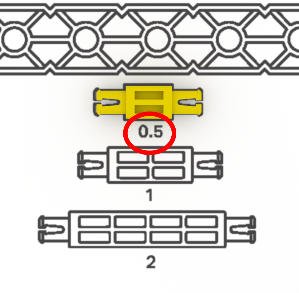 Imagem de uma régua VEX com um espaçador de 0,5 polegada, usada para fins educacionais em projetos de robótica e engenharia.