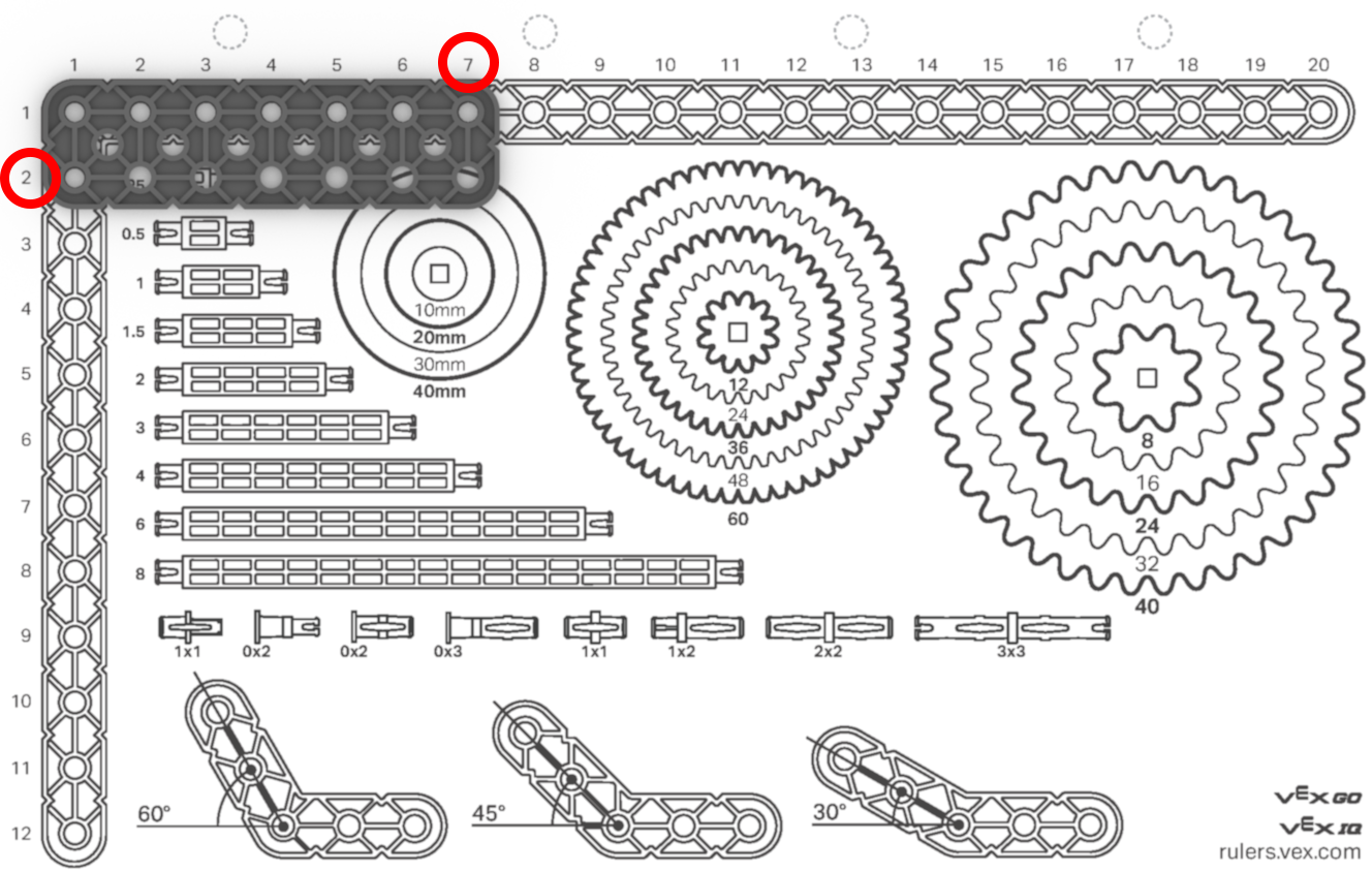 Obrázek nosníku VEX 2x7, ilustrující rozměry a design nosníku používaného ve výuce robotiky VEX pro stavební konstrukce a mechanismy.