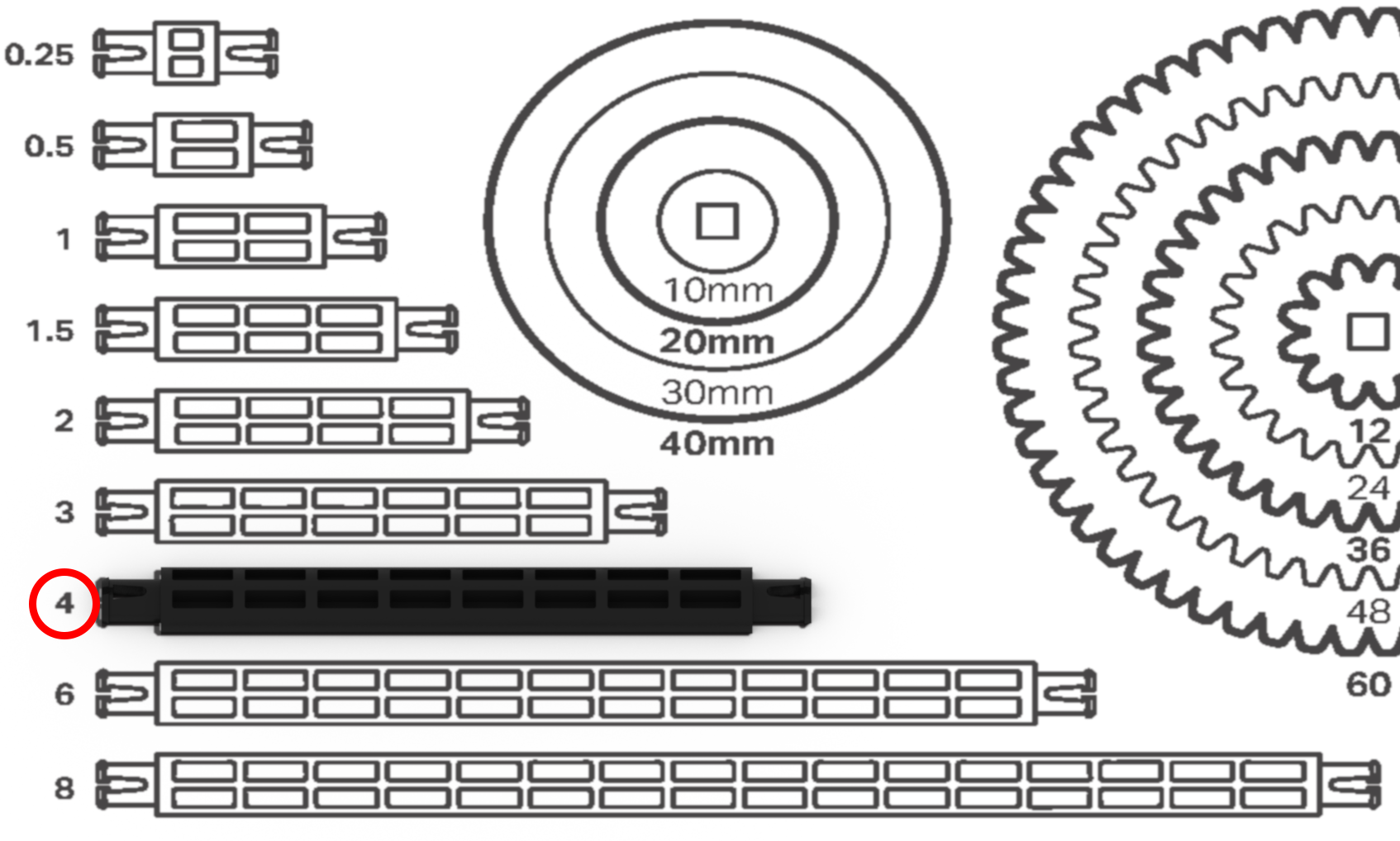 Immagine di un distanziale 4x utilizzato nella robotica VEX, che ne illustra le dimensioni e il design a scopo didattico nella sezione Righelli VEX.